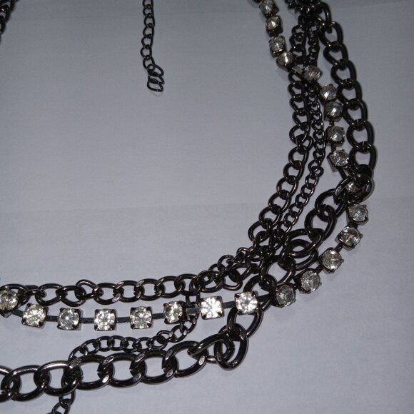 Vintage Victorian Layered Gunmetal Chain Necklace Clear Rhinestones Multi-strand - Picture 3 of 7